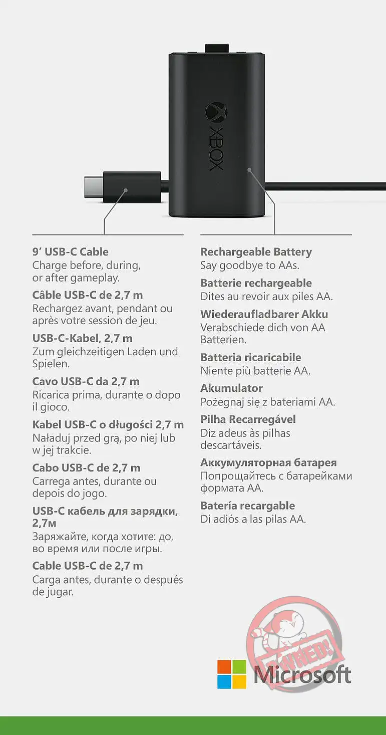 Play And Charge Kit For Xbox One X/S Controller - 1400mAh Rechargeable Battery Pack With USB Cable-687086